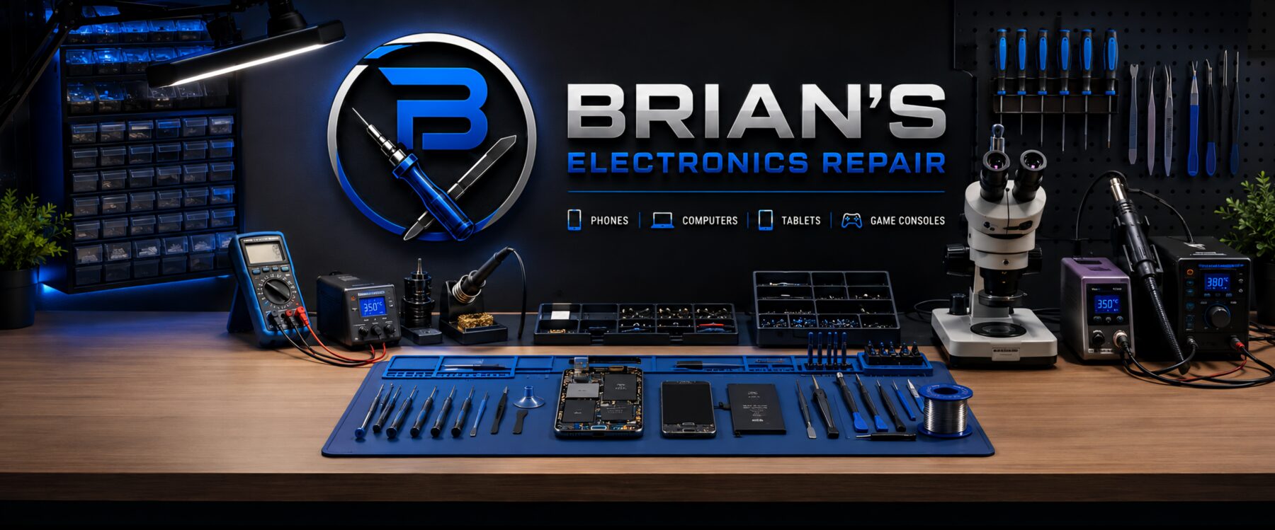 Brian's Electronics Repair workbench with tools, microscope and soldering stations